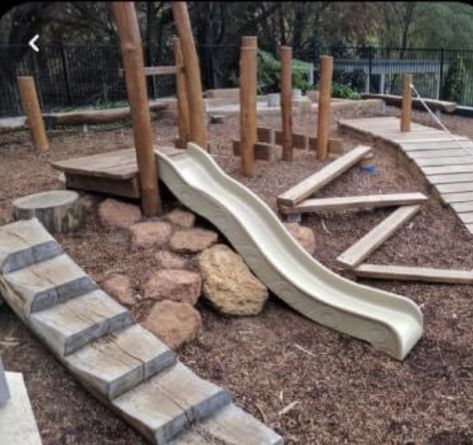 Backyard Slope Playground, Playground On A Slope, Playground On Sloped Yard, Sloped Playground, Nature Playground Backyard, Simple Outdoor Play Area, Playscape Backyard For Kids, Sloped Backyard Play Area, Nature Based Playgrounds