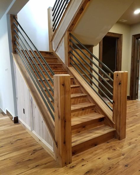 Rustic Stair Railing Ideas, Rustic Stair Railing, Farmhouse Railing, Stair Railing Ideas, Farmhouse Staircase, Loft Railing, Farmhouse Stairs, Rustic Staircase, Indoor Railing