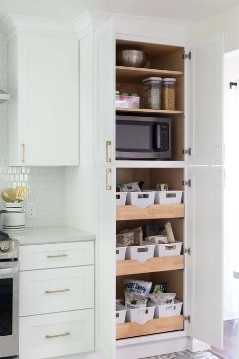 Kitchen Microwave Cabinet, Small Pantry Cabinet, Built In Pantry, Kitchen Post, Built In Cabinet, Microwave In Kitchen, Kitchen Pantry Design, Kitchen Pantry Cabinets, Pantry Design