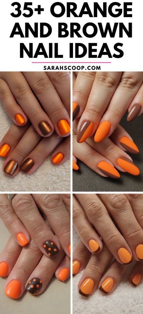 Embrace the warmth of autumn hues with these stunning 35+ orange and brown nail ideas! It's time to add some fall vibes to your style! 🍂💅 #NailDesigns #Nails #OrangeandBrown Fall Nail Painting Ideas, Brown N Orange Nails, Autumn Multicolor Nails, Orange Geometric Nails, Fall Nails Orange And Brown, October Sns Nails, Brown And Orange Fall Nails, Cleveland Browns Nails Design, Orange Nails Ideas Fall