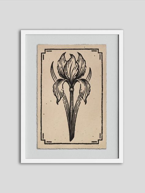 Linocut "Iris", original botanical engraving, vintage illustration with flower, farmhouse decorative poster, house warming floral art gift Linocut print on 20x30 cm beige handmade paper. Botanical graphic design ideal for every plant mom, gardener and nature lover. Work great as a house warming decoration or gift for flower keeper. Old looking beige color of paper accompanied by flower theme of illustration will fill your room with vintage style and give warm old-school touch to any space. Botanical Graphic Design, House Warming Decoration, Poster House, Flower Theme, Engraving Illustration, Handmade Gifts For Her, Personalized Gifts For Dad, Iris Flowers, Plant Mom