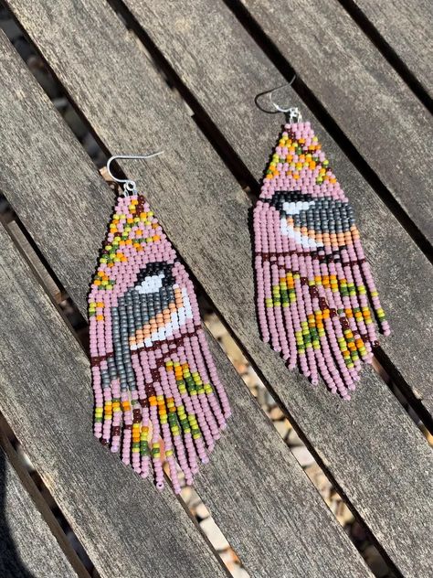 Chickadee Fringe Earring in Mauve // Hand Beaded Bird Earring // Beaded Fringe Earring // Black Capped Chickadee Earring - Etsy Bird Earring, Beaded Bird, Fringe Earring, Ribbon Skirt, Black Capped Chickadee, Native Crafts, Bird Beads, Ribbon Skirts, Beaded Earring