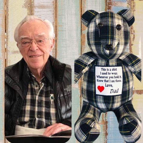 Bear Made From Loved Ones Shirt, Memorial Keepsake Ideas, Memory Crafts From Clothes, Memory Bear Pattern, Memory Shirt, Tshirt Quilts, Memorial Items, Shirt Crafts, Memory Gifts