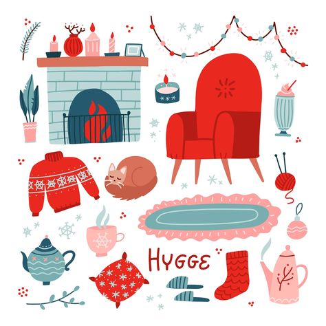 Vibrant Collection of hygge Christmas icons. Big set of cozy and warm elements - armchair, fireplace and teapot. Vector flat hand drawn illustration for greeting cards, posters, and seasonal design. Hygge Illustration, Teapot Drawing, Christmas Tree Printable, Hygge Christmas, Christmas Interiors, Christmas Fireplace, Christmas Icons, Christmas Poster, Hand Drawn Illustration