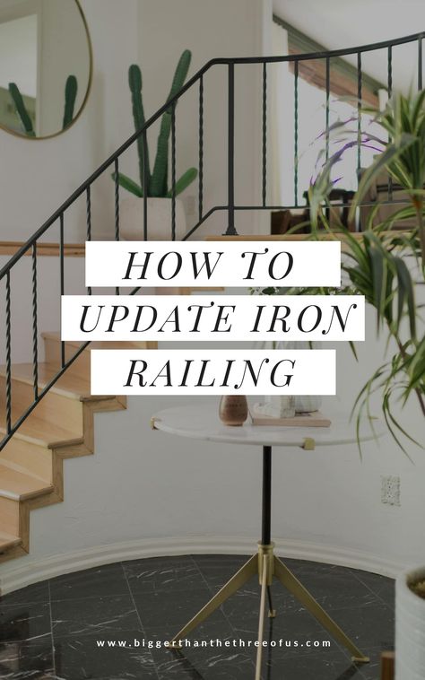 Learn how to modernize your stair handrail with this stair railing idea! Transform your old wrought iron handrails to a cleaner, modern handrail by grinding off the scrolls! Learn how with this interior handrail tutorial! #ironhandrail #handrailidea #staircaseidea #diystairhandrail Rod Iron Railing, Iron Stair Spindles, Metal Handrails For Stairs, Modern Handrail, Interior Handrails, Indoor Stair Railing, Iron Staircase Railing, Stair Railing Makeover, Metal Stair Railing