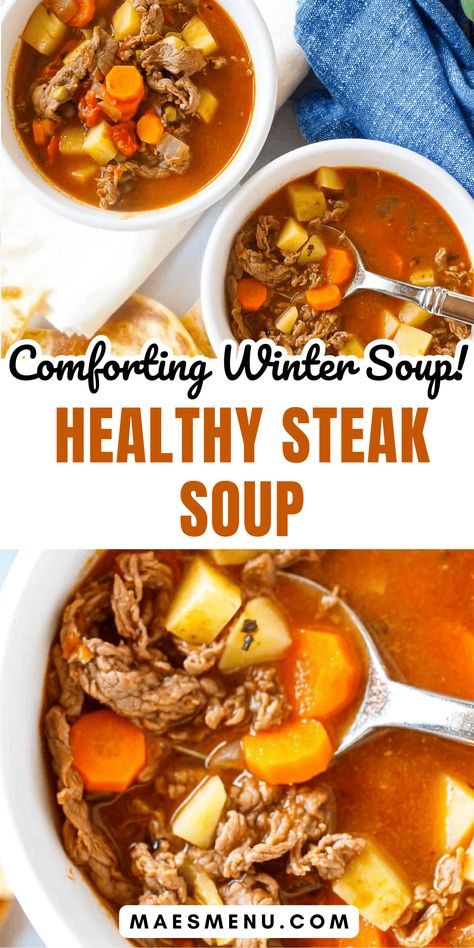 Fancy a flavorful and succulent soup recipe that’s perfect for the colder months? Try a bowl of my warming Healthy Steak Soup! Made with sliced steak and chunky fresh vegetables, this soup is sure to hit the spot if you want to make a moreish savory soup this winter! #healthysoup #comfortfood Steak Soup Recipes, Steak And Potato Soup, Healthy Steak, Spicy Steak, Steak And Onions, Winter Soup, Fall Soup Recipes, Vegetable Side Dishes Recipes, Sliced Steak