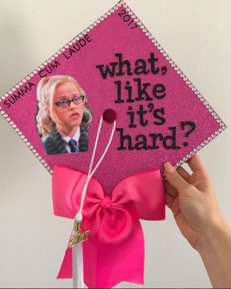 Celebrity Graduation Cap, Graduation Cap Designs Legally Blonde, Masters Graduation Caps, Elle Woods Grad Cap, Dolly Parton Graduation Cap, Legally Blonde Grad Cap, Elle Woods Graduation Cap, Masters Degree Cap Ideas, Legally Blonde Graduation Cap