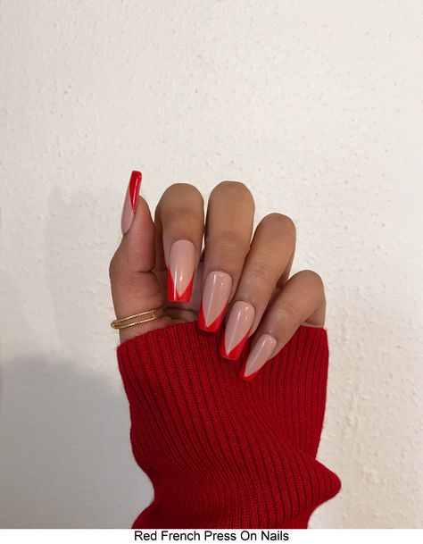 Red French Press On Nails Red Nails With Red Dress, Classic French Tip Nails, Medium Square Nails, Red Wedding Nails, Party Manicure, Classic French Tip, French Press On Nails, Red French, Square Nail Designs