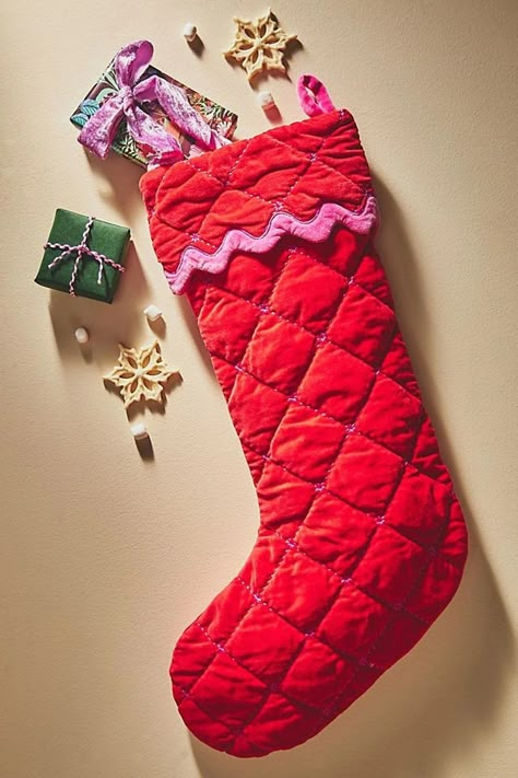 Anthropologie’s Holiday Decor For 2023 - Brit + Co Colourful Christmas Stocking, Retro Christmas Stocking, Anthropologie Holiday Decor, Velvet Christmas Stocking, Stockings Diy, Anthropologie Christmas, Green Stockings, Wool Stockings, Anthropologie Holiday