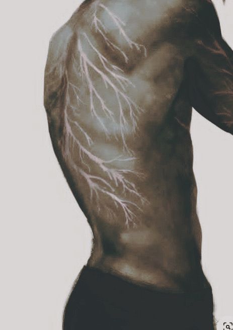 Lighting Strike Scar, Lightning Marks On Skin, Litchenburg Scar, Scarred Man Character Art, Lightning Strike Scar, Charon Aesthetic, Struck By Lightning Scar, Lighting Scars, Oc With Scars