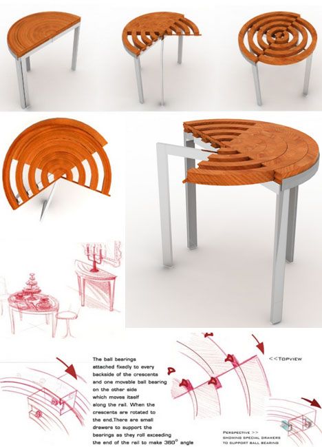 RoTenSion Table: what I really like about this table is that for most of the time it can serve as a half table, up against a wall.  It would be perfect to place your keys, phone etc right inside the door of a Tiny House, but you could pull it out for a full table for dinner with friends. Transforming Furniture, Circle Table, Folding Furniture, Smart Furniture, Metal Tree, Multifunctional Furniture, Functional Furniture, Chair Style, Space Saving Furniture