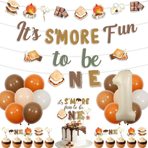 It's S'more Fun to Be One Birthday Party Decorations with S'mores Birthday Party Banner Garland It's S'more Fun to Be One Cake Cupcake Toppers for Camping Smore Theme Party Supplies #ad #smores #smoresparty #smoresbirthdayparty #itssmorefuntobeone #firstbirthday #firstbirthdayparty #firstbirthdaypartyideas #firstbirthdaypartythemes Smore Party Decorations, Smores Bday Party, Smores 1st Birthday Party, S'more Fun Being One, S’more Fun Birthday, Bonfire First Birthday Party, It's S'more Fun To Be One, S’more 1st Birthday, Campfire First Birthday Party