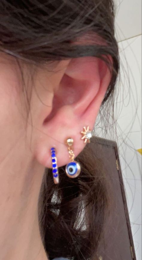 Triple Lobe Piercing, Pretty Ear Piercings, Ear Style, Lobe Piercing, Navy Gold, Blue Jewelry, Evil Eye Jewelry, Blue Accents, Earrings Jewelry