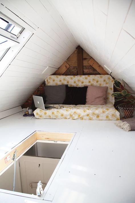 Small Loft Spaces, Small Attic Room, Loft Conversion Bedroom, Tiny Loft, Velux Windows, Attic Bedroom Designs, Attic Loft, Chip Board, Small Attic