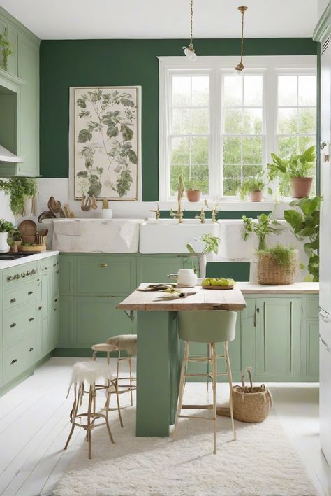 kitchen wall paint, white rug, best wall paint, interior design ideas Pistachio Kitchen, Newburg Green, Light Oak Floors, Sage Green Kitchen, Elegant Kitchen Design, Green Kitchen Cabinets, Kitchen Wall Colors, Kitchen Colour Schemes, Green Cabinets