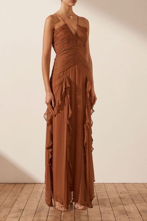 Rushing Dress, Earthy Bridesmaid Dresses, Earthy Dresses, Shona Joy Bridesmaid, Moh Dress, Frill Maxi Dress, Wedding Fits, Brown Bridesmaid Dresses, Copper Dress