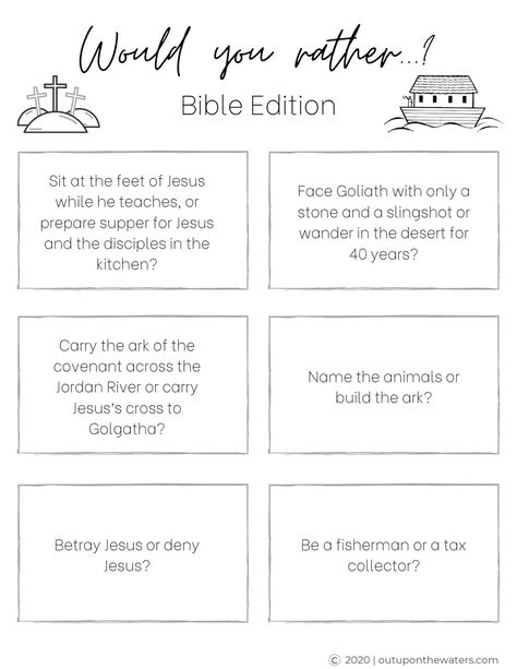 Would you rather Bible edition printable.pdf Bible Study Prayer, Study Prayer, Jesus Face, Would You Rather, Jesus On The Cross, The Covenant, Sunday School, Bible Study, Activities For Kids