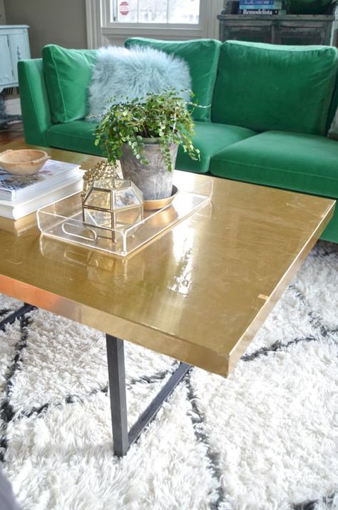 brass contact paper on table Contact Paper Table Top Diy, Contact Paper Coffee Table, Coffee Table Contact Paper, Diy Gold Coffee Table, Contact Paper Table Top, Gold Vintage Coffee Table, Brass Coffee Table Antique, Brass And Glass Coffee Table, Diy Table Makeover