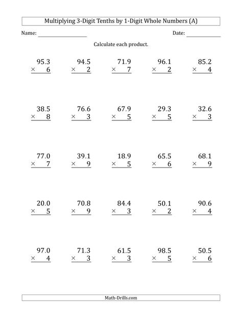 The Multiplying 3-Digit Tenths by 1-Digit Whole Numbers (A) Math Worksheet from the Decimals Worksheets Page at Math-Drills.com. Multiplication Practice Worksheets, Decimal Multiplication, Army Lover, Multiplying Decimals, 5th Grade Worksheets, Decimals Worksheets, Math Drills, Multiplication Practice, Scientific Notation