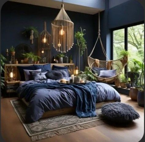 Dark Teal Room, Bedroom Inspo Dark, Teal Rooms, Blue Gray Bedroom, Bedroom Decor Dark, Bedroom False Ceiling, Earthy Bedroom, Blue Bedroom Decor, Bedroom Upgrade