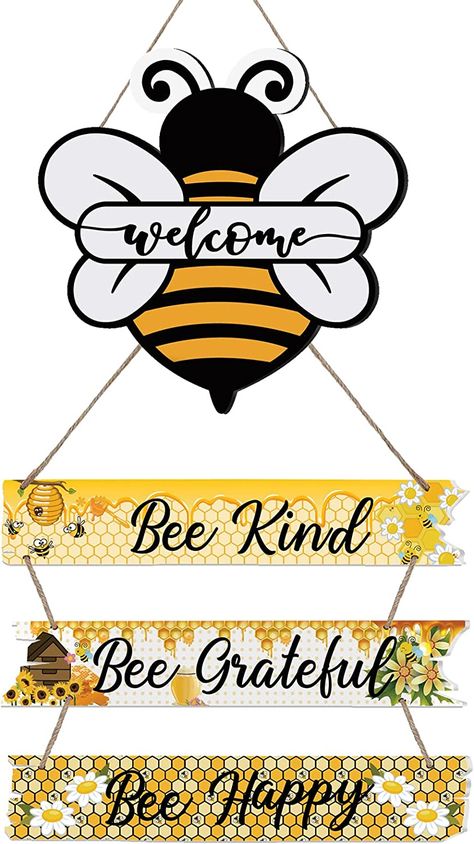 【Material & Size】: Bee door sign is made of natural wood, featured with good durability and wooden texture. Measured about 15"×24", well painted and pre-assembled, easy to hang on your front door to on bee day. 【Unique Bee Decor】: Bright color, vivid patterns, and postive message make an adorable bee day welcome sign. This hanging hanging bee decor are full of bee and flower elements, perfect for using in Spring and Summer. Welcome Signs For Front Door, Signs For Front Door, Bee Door Hanger, Bee Thankful, Bee Room, Wooden Bee, Bee Theme Party, Flower Elements, Birdhouse Craft