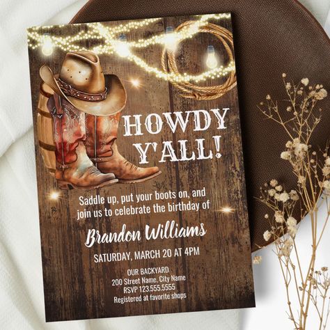 Rustic Boots and Hat Birthday Party Country Invitation  Zazzle Country Party Invitations, Hat Birthday Party, Western Invitations, Cowboy Invitations, Country Invitations, Rustic Boots, Hello Party, Cowboy Theme Party, Country Party