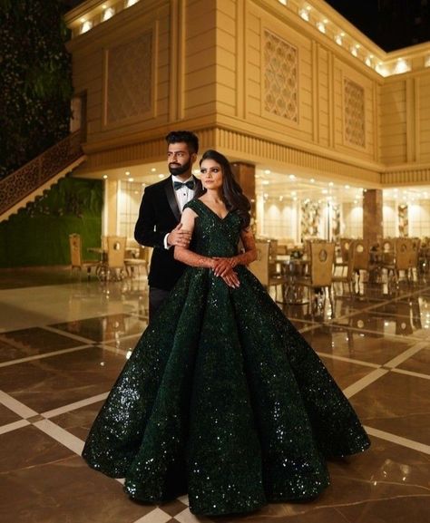 Sangeet Night Couple Pose, Bride Reception Dresses Indian, Wedding Gown Indian Receptions, Bride Lehangas For Reception, Gown For Reception Indian Bride, Reception Gowns Indian Bridal Latest, Reception Frocks For Bride, Indian Gowns Dresses Receptions, Sangeet Gowns For Bride