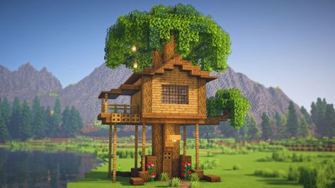 Simple Treehouse, Tree House Minecraft, Minecraft Treehouses, Minecraft Library, Minecraft Tree, Mc Ideas, Mc Builds, Minecraft Interior Design, Bangunan Minecraft