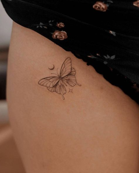 Butterfly Pelvic Tattoo, Butterfly On Hip Tattoo, Butterfly Tattoo On Hip, Pelvic Tattoo Hip Butterfly, Butterfly Pelvis Tattoo, Witchy Butterfly Tattoo, Pelvis Tattoos Women, Pelvis Tattoo, A Butterfly Tattoo