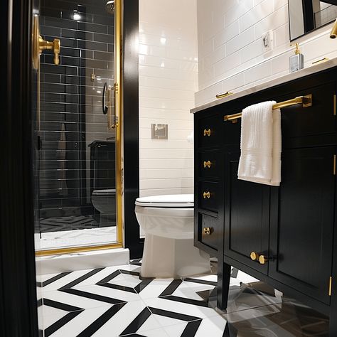 25 Jaw-Dropping Black and White Tile bathroom design ideas Black Cabinets Bathroom, Black And White Tiles Bathroom, Gloss Cabinets, Black And Gold Bathroom, Black Paint Color, White Bathroom Tiles, Bathroom Paint, Black And White Tiles, Panel Moulding