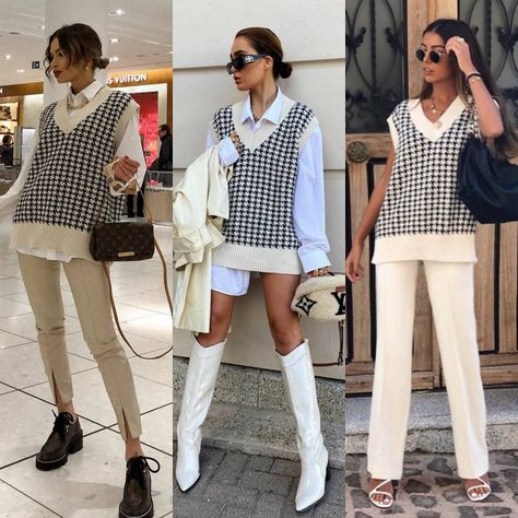 Houndstooth Vest Outfit, Sweater Vest Street Style, Dogtooth Sweater Vest Outfit, Houndstooth Sweater Vest Outfit, Crochet Vest Street Style, Houndstooth Sweater Vest Plus Size, Houndstooth Vest, Sleeveless Sweaters, Houndstooth Sweater