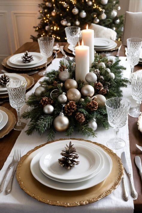 Transform your holiday table into a show-stopping masterpiece! Discover the secrets to creating a luxurious Christmas tablescape with our step-by-step guide. From napkin folding techniques to centerpiece arrangements, learn how to layer textures and colors for maximum impact. Includes shopping sources and setup timeline! #ChristmasTablescape #HolidayEntertaining #ElegantChristmas Christmas Day Table Setting, Lenox Holiday Tablescape, Christmas Table Setup, Dinner Table Set Up, Christmas Dining Table Decorations, Christmas Dinner Set, Centerpiece Arrangements, Christmas Dinner Table Settings, Dining Table Decorations