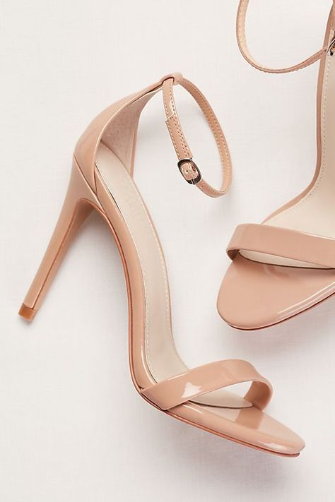 Patent High Heel Sandals with Ankle Strap | David's Bridal Nude Heel Sandals, Nude Heels Prom, Nude Heels Wedding, Heel Sandals Outfit, Kasut Wanita, Hak Tinggi, High Heels Outfit, Nude High Heels, Perfect Heels