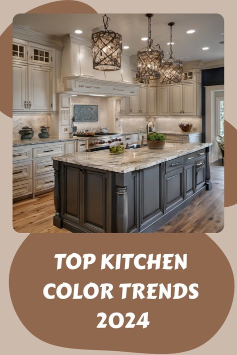 Modern kitchen with cream cabinets, dark island, marble countertops, and stylish pendant lights. Text reads: "Top Kitchen Color Trends 2024". Kitchen Combos Colour Palettes, Stone Coloured Kitchen, Kitchen Remodel Colors Schemes, Kitchen Colors 2024, Kitchen Ideas Color Schemes, Kitchen Remodel Ideas Color Combos, Trending Kitchen Colors, Kitchen Color Scheme Ideas, Kitchen Color Palette Ideas