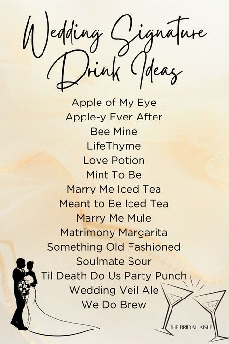 Creating a signature drink and drink name for your wedding can be so fun. Check out these ideas to help you pick the perfect one #wedding #weddingideas #signaturedrinks #signaturedrinknames #signaturecocktails #punysignaturedrinks #lovethemeddrinkideas #weddingblog #bridetobe Wedding Theme Name Ideas, Mobile Bar Name Ideas, Wedding Drink Names, Signature Drink Names, Wedding Signature Drink Ideas, Signature Drink Ideas, Bookish Wedding, Mobile Bartending, Funny Cocktails