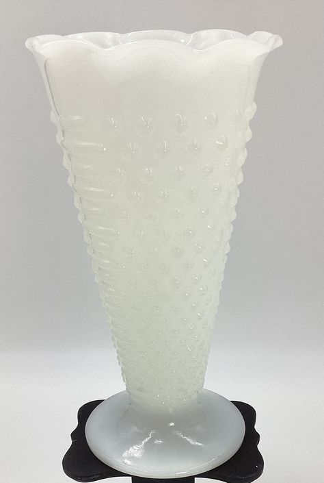 "Beautiful RARE Vintage Anchor Hocking White Milk Glass Hobnail Trumpet Style Vase, Scalloped Edge, Fluted Shaped Rim, Ruffled, Would Make A Lovely Table Centerpiece, Housewarming/Mother's Day Gift, Home/Table Decor, Great Addition To Your Own Vintage Decor, Collectible Vintage. Measures 9 1/2\" Tall & Width Is  4 3/4\" This Item Is In Excellent Vintage Condition.  Please, look at the pictures as part of our description. Also, Please keep in mind these are vintage and have been used before, for Milk Glass Centerpiece, Vintage Dishes Antiques, Milk Glass Decor, Vintage Glassware Antiques, Glass Wear, White Things, Home Table Decor, Mccoy Pottery, Treasure Hunting