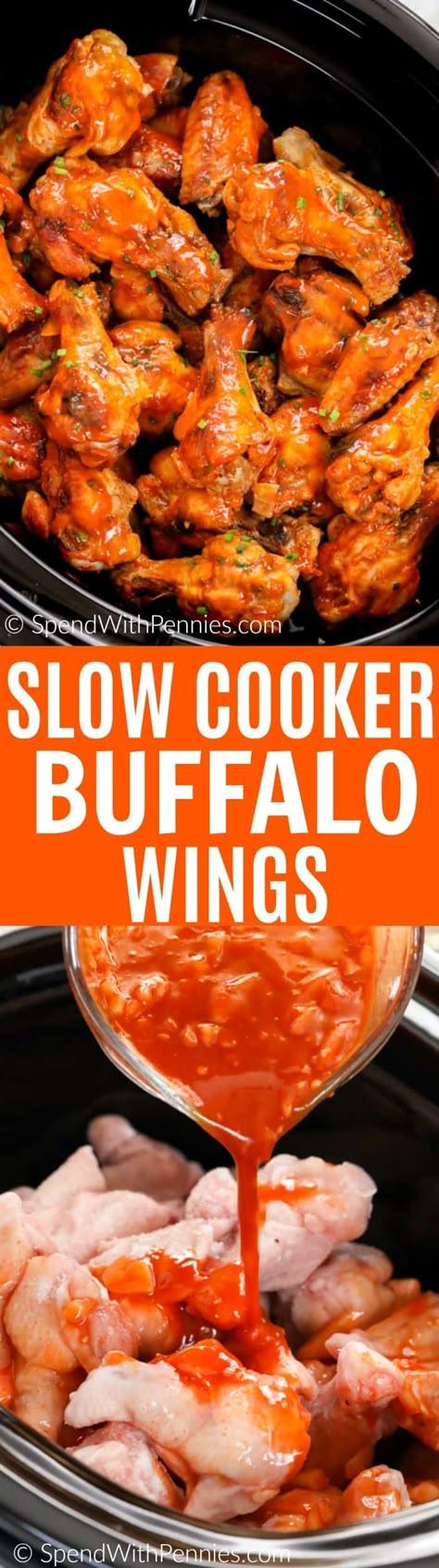 Tender buffalo wings cooked all day in the slow cooker! These are the hit of any party without the fuss and mess of deep fried chicken wings! These easy wings come out perfectly every time #spendwithpennies #buffalowings #hotwings #appetizer #slowcooker #crockpot Appetizers Slow Cooker, Wings Recipe Crockpot, Easy Wings, Appetizers Crockpot, Chicken Wings Crockpot, Deep Fried Chicken Wings, Slow Cooker Chicken Wings, Tailgating Food, Crockpot Appetizers