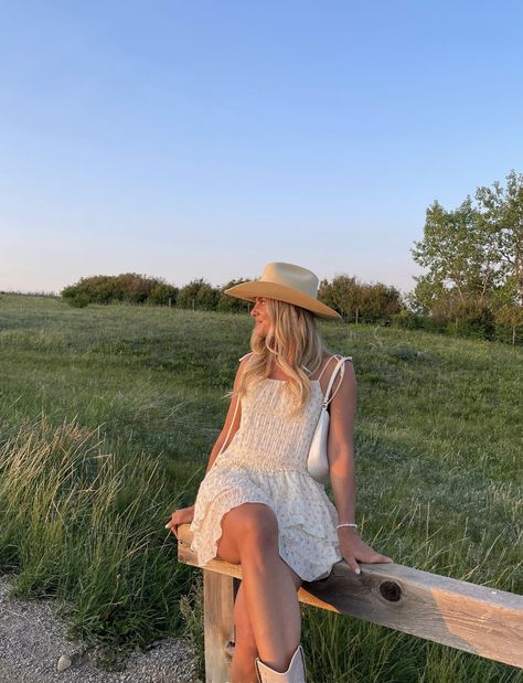 Feminine Country Outfits, Dress With White Cowboy Boots, Coastal Cowgirl Hat, Boots In The Summer, Summer Coastal Cowgirl, Coastal Cowgirl Outfit, How To Wear Cowboy Boots, Dress And Cowboy Boots Outfit, Dress And Cowboy Boots