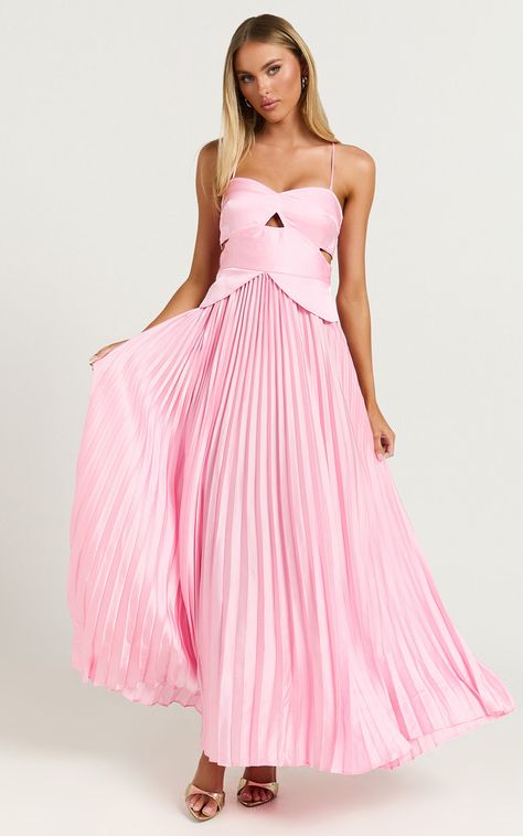 Shay Maxi Dress - Sweetheart Cut Out Pleated Dress in Pink Hoco Inspo, Basic Black Dress, Bachelorette Dress, Navy Bridesmaid Dresses, Pink Formal Dresses, Long Sleeve Dress Formal, White Long Sleeve Dress, Long White Dress, Puff Sleeve Dresses