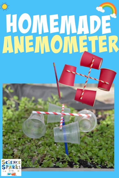 Anemometer For Kids How To Make, Anemometer Project, Extreme Weather Activities For Kids, Diy Anemometer, Natural Disasters Activities, Weather Science Activities, Tornado In A Jar, Weather Activities For Kids, Weather Tools