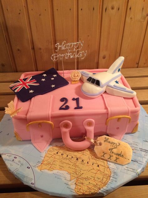 Happy travels!! This cake was a 21st and a goodbye for a young lady going traveling in oz, great fun! By swirls and pearls of norfolk Goodbye Party Cake Ideas, Goodbye Party Cake, Leaving Cake, Cake Women, Bon Voyage Cake, Travel Cakes, Party Cake Ideas, Suitcase Cake, Torte Creative