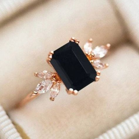 Side Diamond Engagement Ring, Bridal Proposal, Wedding Rings Emerald Cut, Black Onyx Engagement Ring, Onyx Engagement Ring, Ring Cluster, Valentine Anniversary, Emerald Engagement Ring Cut, Black Onyx Ring