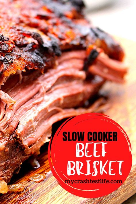 This easy Beef Brisket recipe is made in a slow cooker and comes out so tender and juicy. Stick it under the broiler for a couple of minutes and you end up with the crispiest crust with super moist and tender meat. This is the number one Beef Brisket recipe on Pinterest so try it today and see for yourself just how easy and foolproof making a brisket in a slow cooker really is! Brisket Recipes Crockpot, Slow Cooker Brisket Recipes, Slow Cooker Beef Brisket, Slow Cooker Brisket, Brisket Recipe, Beef Brisket Recipes, Brisket Recipes, Easy Dinner Recipe, Crockpot Beef