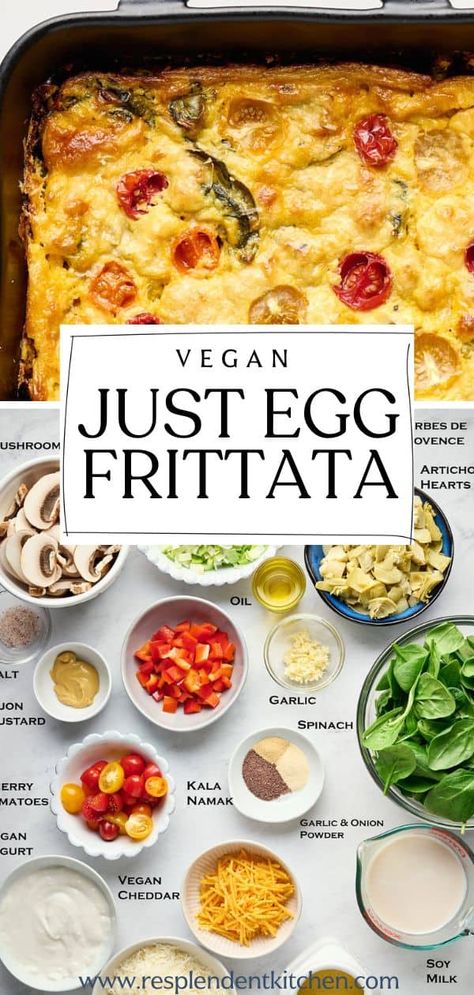 Looking for a showstopper brunch dish? Try this incredibly delicious vegan JUST Egg Frittata packed with spinach, leeks, mushrooms, bell peppers, artichokes, and vegan cheese! It's easy to make and perfect for feeding a crowd. Whether it's a leisurely brunch or a simple dinner, this flavorful frittata will impress everyone with its taste and presentation! Vegetarian Egg Breakfast, Vegan Frittata Recipes, Just Egg Vegan Recipes, Vegan Brunch Ideas, Breakfast Recipes Vegetarian, Easy Vegan Breakfast Ideas, Spinach Leek, Egg Frittata Recipes, Vegan Frittata