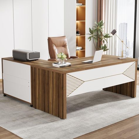 Amazon.com: Tribesigns 62.99-Inch Executive Desk, L-Shaped Desk with Mobile lateral File Cabinet, Large Office Desk with Storage Drawers, Business Furniture Desk Workstation for Home Office (Brown/White) : Home & Kitchen Office Table Design Modern, Organized Workspace, Large Office Desk, L Shaped Computer Desk, Wooden Office Desk, Professional Aesthetic, Office Cabin, L Shaped Office Desk, Computer Desk With Storage