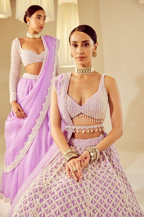 Buy Vvani by Vani Vats Purple Blouse Pearl Drop Embellished Lehenga Set Online | Aza Fashions Vani Vats, Flared Lehenga, Cancan Lehenga, Reception Saree, Blouse Lehenga, Mumbai Wedding, Simple Lehenga, Organza Lehenga, Georgette Dupatta