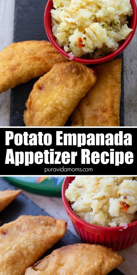 This Costa Rican potato empanada recipe combines freshly mashed potatoes stir-fried in white onion, red bell pepper, cilantro and garlic and then placed inside a freshly made corn dough and fried into a golden half-moon shape. A delightful snack or appetizer. Latin food, central american food, Costa Rican food, fried food Potato Empanadas Recipe, Dessert Empanadas Recipe, Columbian Food, Potato Filling Recipe, Empanadas Recipes, Mexican Cuisine Recipes, Potato Empanadas, Easy Empanadas Recipe, American Appetizers