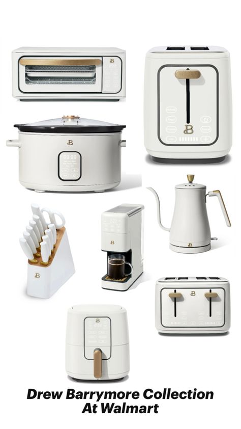 Love the style and colors of these small appliances from the Drew Barrymore colkection at Walmart. All at an affordable price. I have the Air fryer and micrawave and they are both excellent quality . Drew Barrymore Appliances, Kitchen Appliances Layout, Clean Drink, White Kitchen Appliances, Black Appliances Kitchen, Black Appliances, Kitchen Gadgets Unique, White Appliances, House Supplies