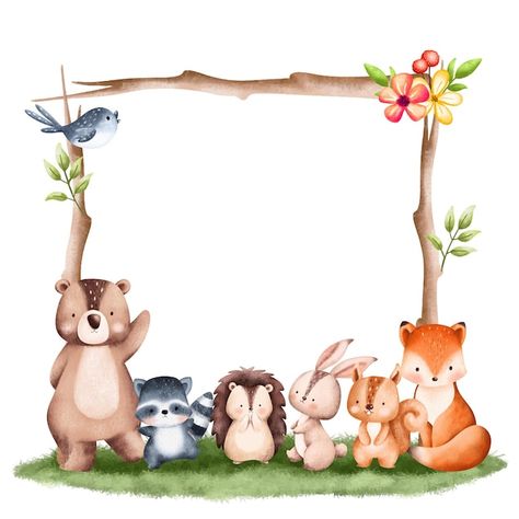 Vector watercolor illustration woodland ... | Premium Vector #Freepik #vector #woodland #watercolor-fox #watercolor-bear #animal-illustration Animal Frame, Woodland Animal Wall Art, Christmas Classroom Door, Fall Classroom Decorations, Fall Birthday Parties, Hawaiian Birthday Party, Felt Crafts Patterns, Fall Coloring Pages, Baby Boy Birthday