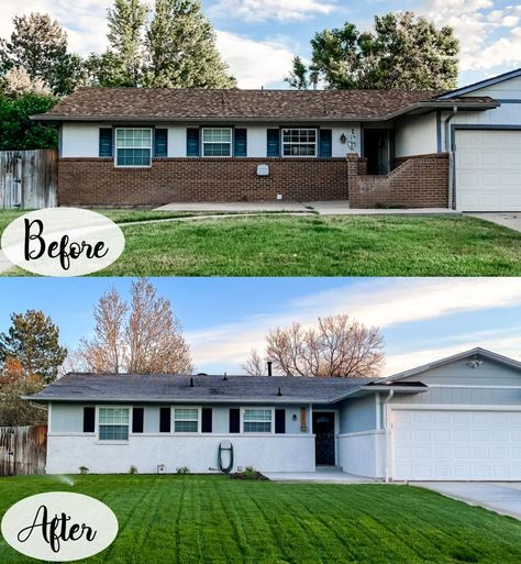 ranch home exterior remodel. Black shutters, grey siding, white brick. White Wash Brick House, Half Brick House Exterior, Whitewash Brick Exterior, Home Exterior Remodel, Exterior Remodel Before And After, How To Whitewash Brick, Whitewash Brick, Brown Roofs, Painted Brick Exteriors